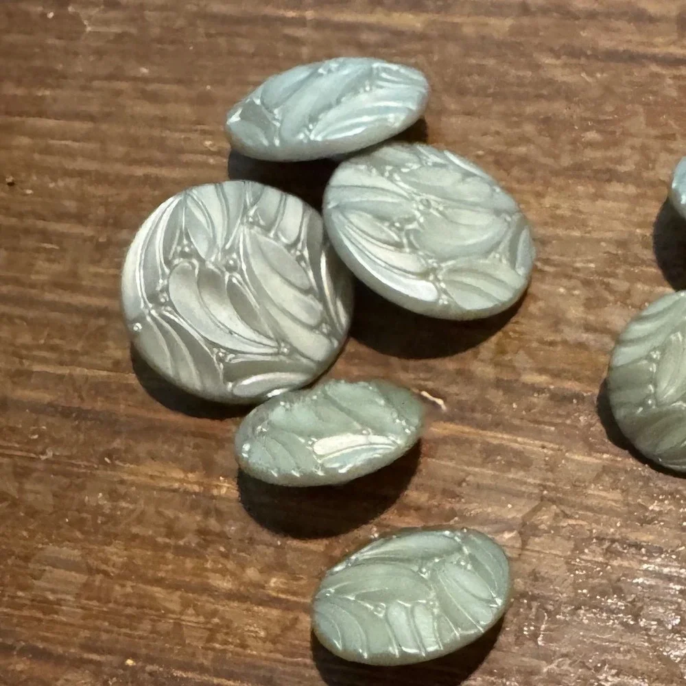 8 Vintage Iridescent Sage Green Art Nouveau Floral Leaf Shank Buttons Set